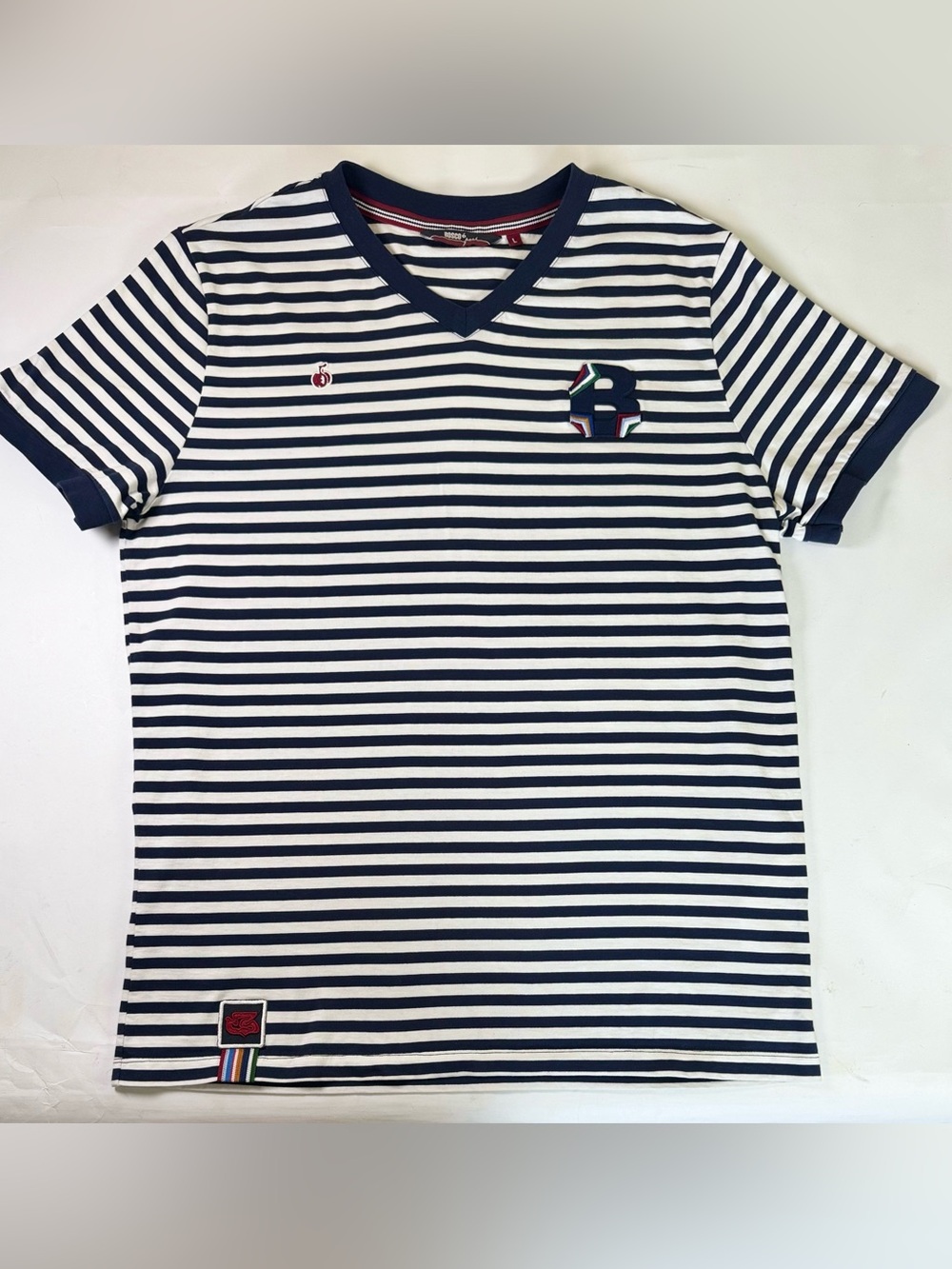 Bosco Fresh Men’s Large Striped V Neck Embroidered Logo T-Shirt - Large